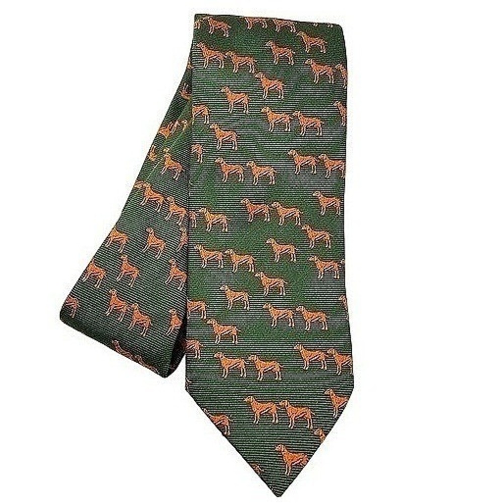 Seaward & Stearn Silk Tie England Green Orange Hunting Dogs Pointer Handmade